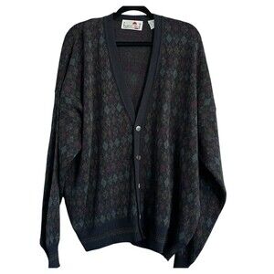 Vintage Florence Tricot Wool Blend Argyle Cardigan XL Eclectic Grandpa Academia